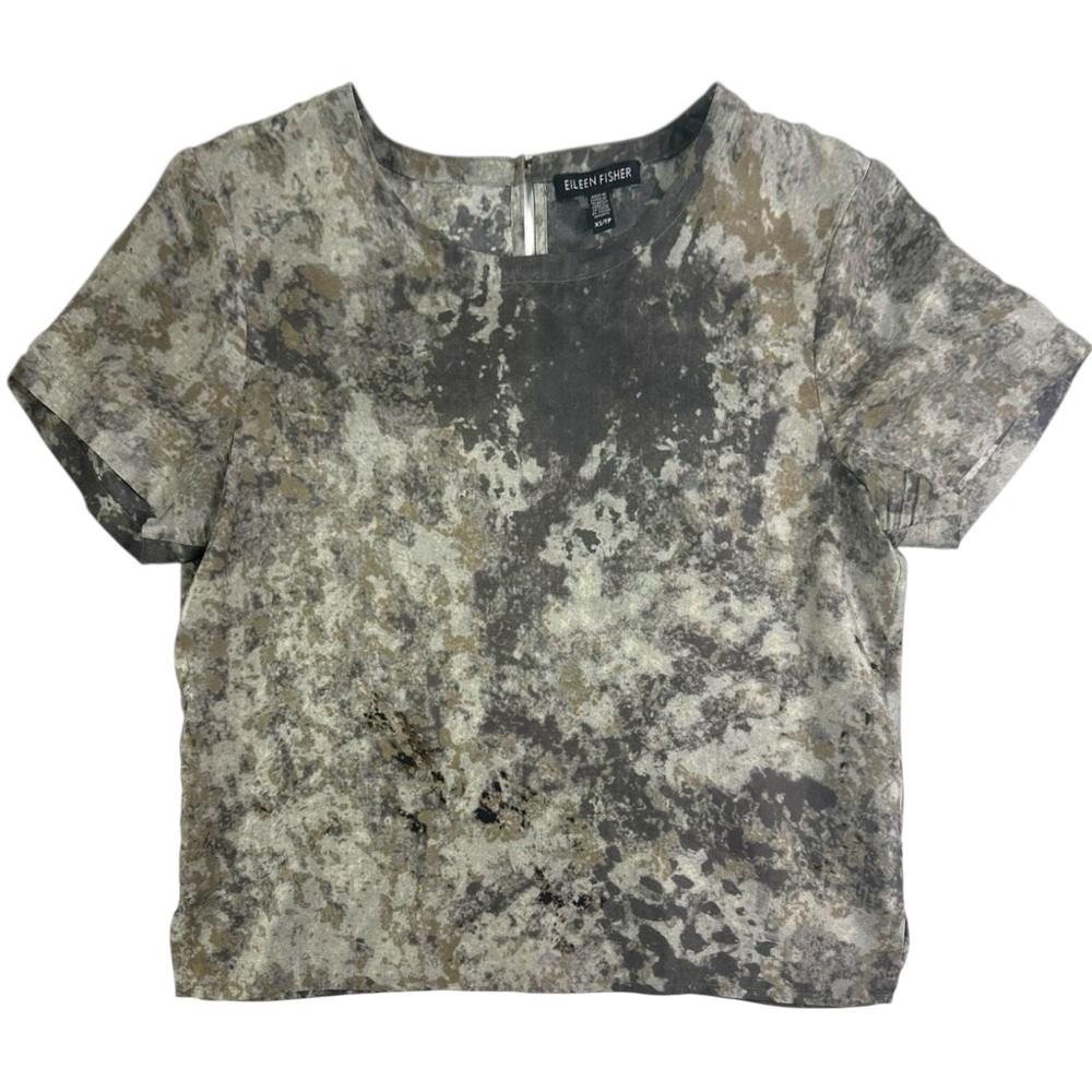 Eileen Fisher Mocha Brown Tidewater Printed 100% Silk Top Size XS